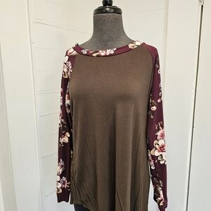 Floral Sleeve Brown Long Sleeve Top
